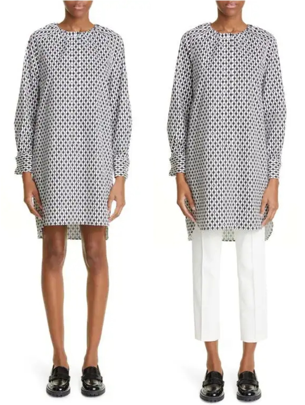 Max Mara Nievo Printed Poplin High-Low Tunic Mini Dress Black White 8